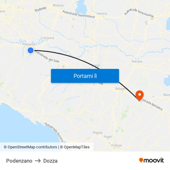 Podenzano to Dozza map