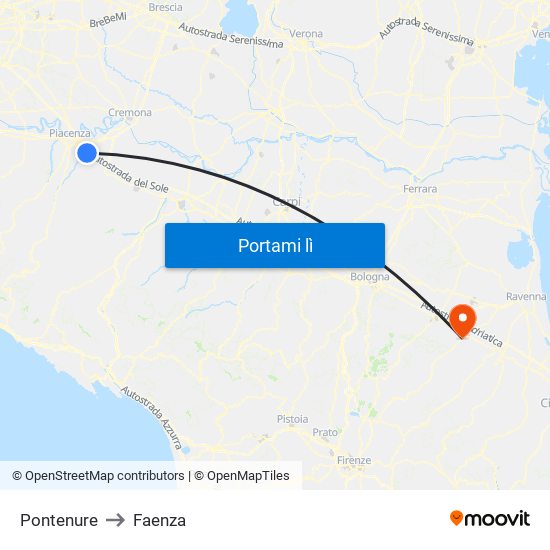 Pontenure to Faenza map