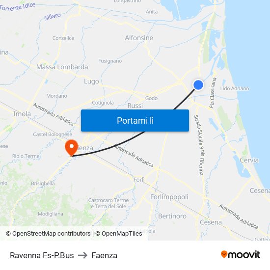 Ravenna Fs-P.Bus to Faenza map