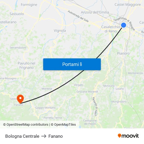 Bologna Centrale to Fanano map