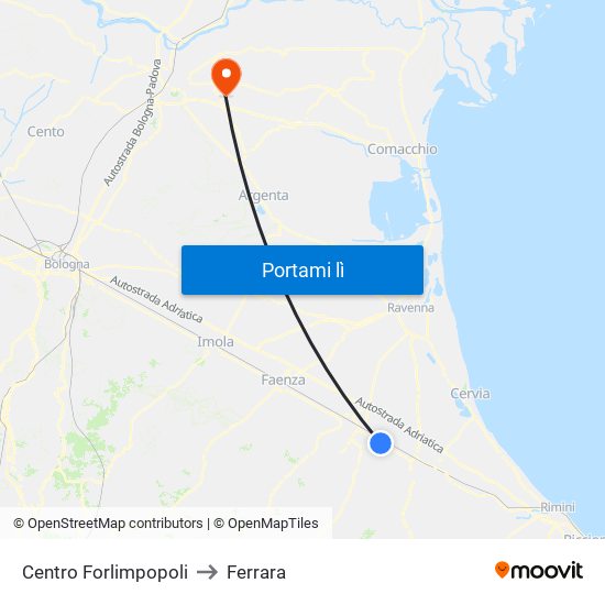 Centro Forlimpopoli to Ferrara map