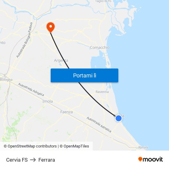 Cervia FS to Ferrara map