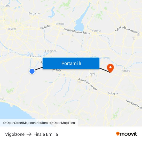 Vigolzone to Finale Emilia map