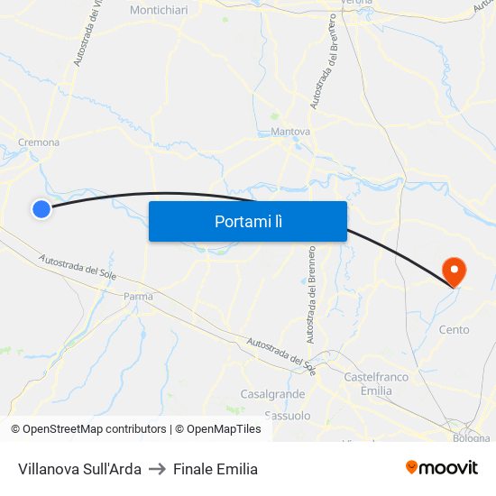 Villanova Sull'Arda to Finale Emilia map