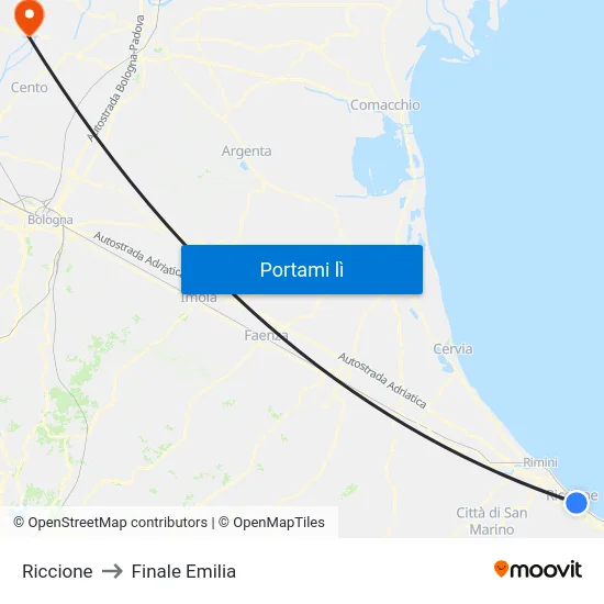 Riccione to Finale Emilia map