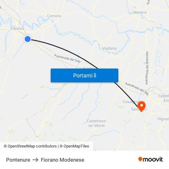 Pontenure to Fiorano Modenese map