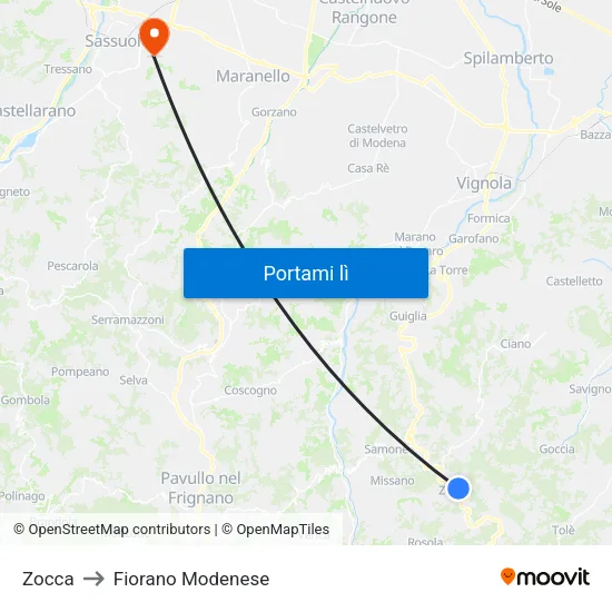 Zocca to Fiorano Modenese map