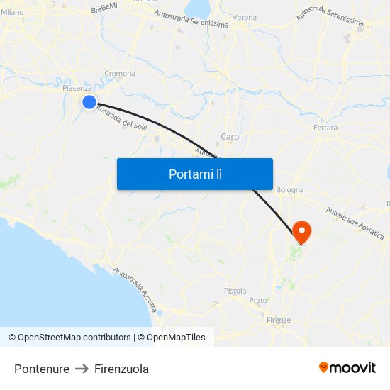 Pontenure to Firenzuola map