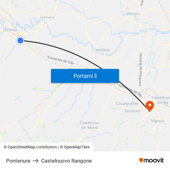 Pontenure to Castelnuovo Rangone map