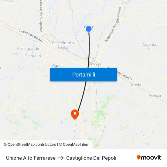 Unione Alto Ferrarese to Castiglione Dei Pepoli map
