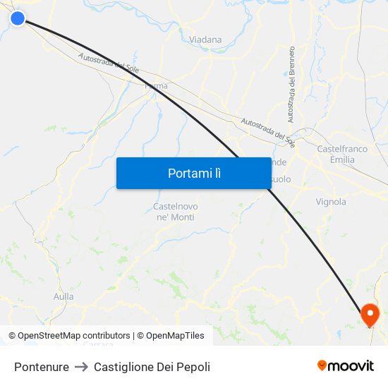 Pontenure to Castiglione Dei Pepoli map