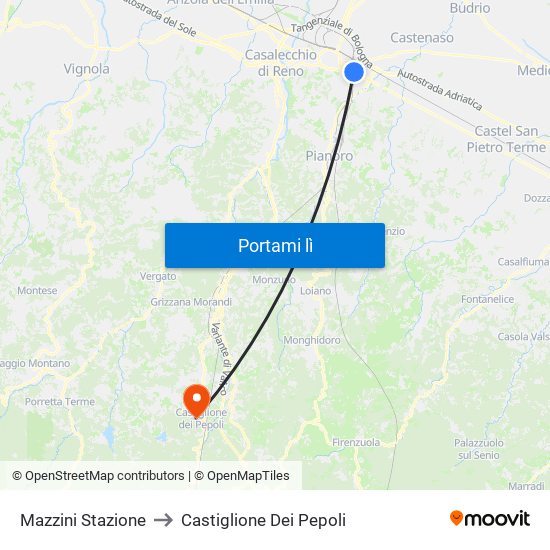 Mazzini Stazione to Castiglione Dei Pepoli map