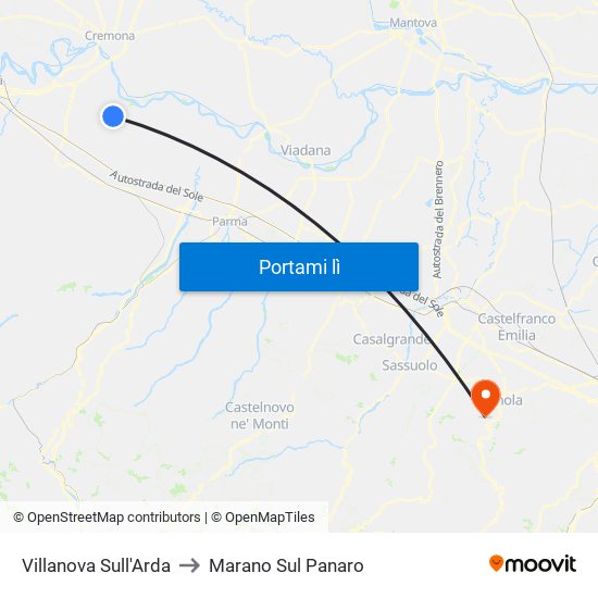 Villanova Sull'Arda to Marano Sul Panaro map