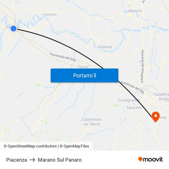 Piacenza to Marano Sul Panaro map