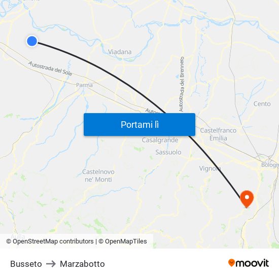 Busseto to Marzabotto map