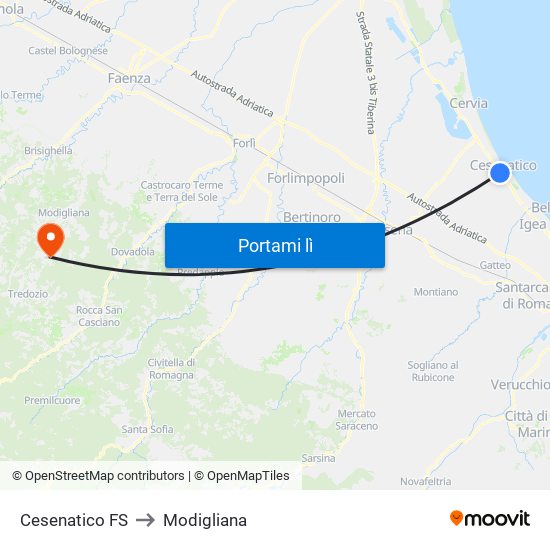 Cesenatico FS to Modigliana map