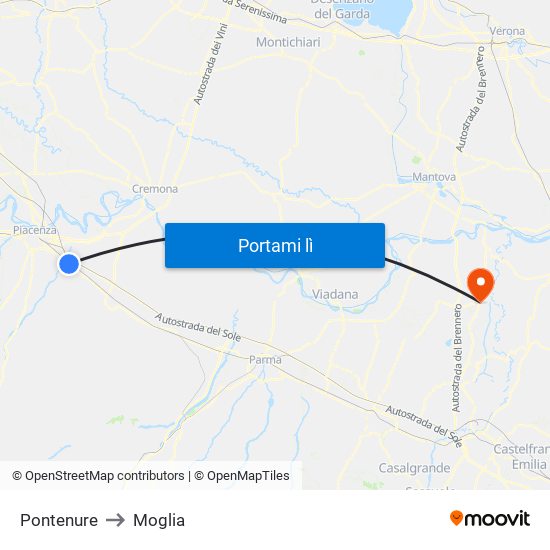 Pontenure to Moglia map