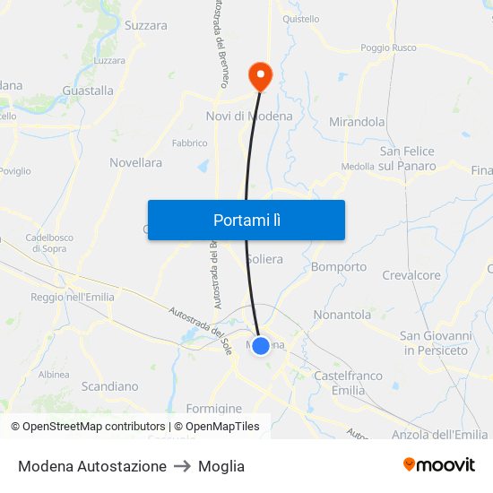 Modena Autostazione to Moglia map