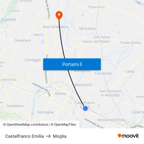 Castelfranco Emilia to Moglia map