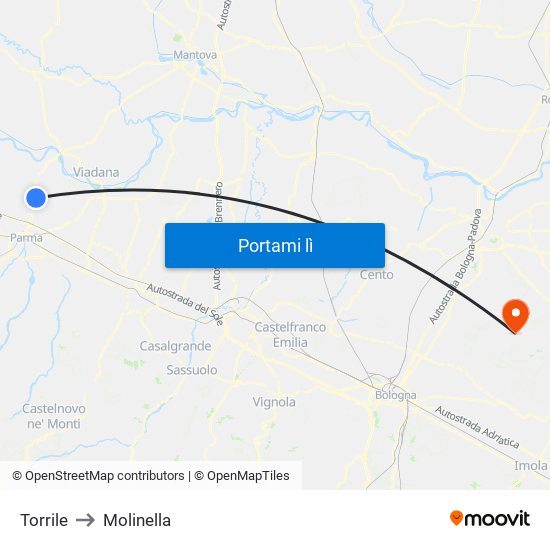 Torrile to Molinella map