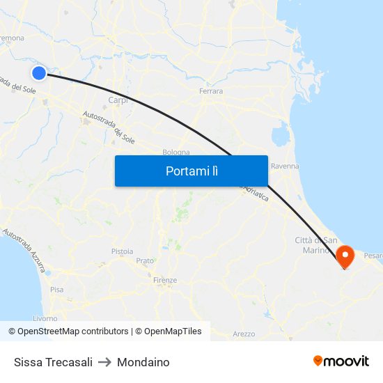 Sissa Trecasali to Mondaino map