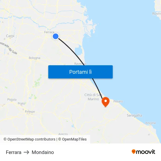 Ferrara to Mondaino map