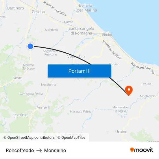 Roncofreddo to Mondaino map