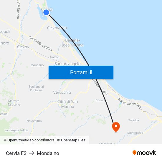 Cervia FS to Mondaino map