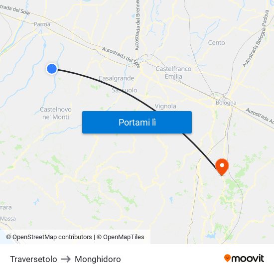 Traversetolo to Monghidoro map