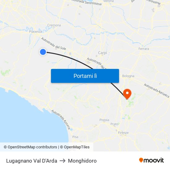 Lugagnano Val D'Arda to Monghidoro map