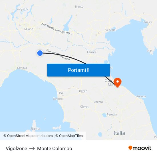 Vigolzone to Monte Colombo map