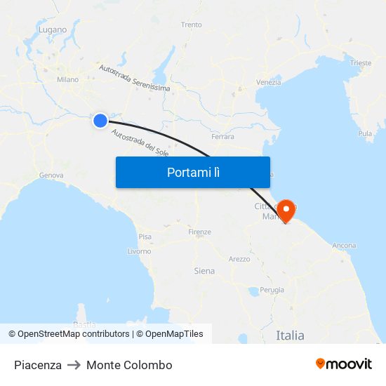 Piacenza to Monte Colombo map