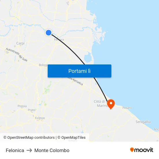 Felonica to Monte Colombo map