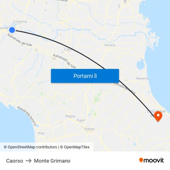 Caorso to Monte Grimano map