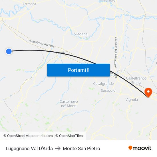 Lugagnano Val D'Arda to Monte San Pietro map