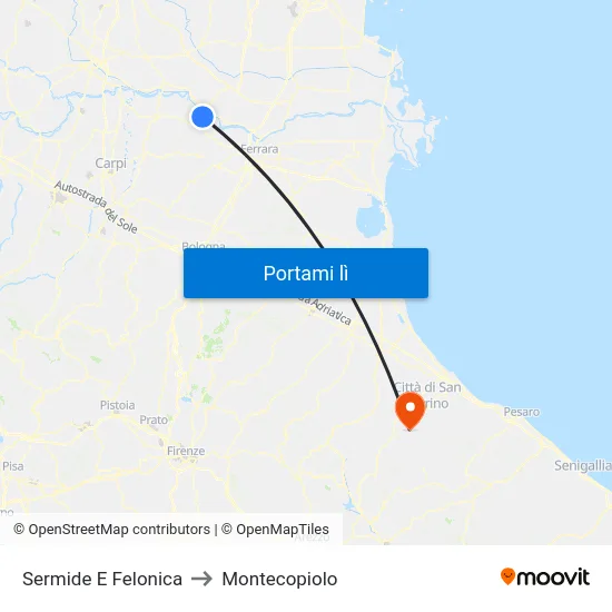 Sermide E Felonica to Montecopiolo map