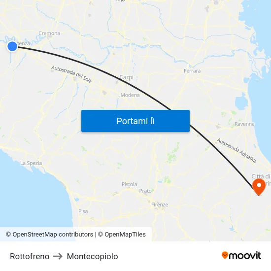 Rottofreno to Montecopiolo map