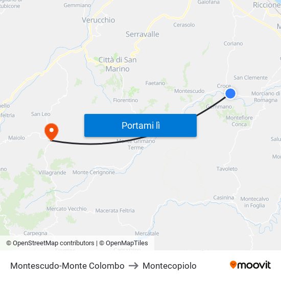 Montescudo-Monte Colombo to Montecopiolo map
