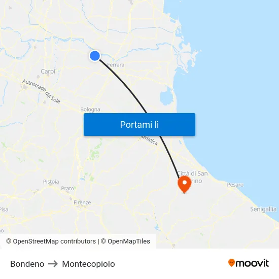 Bondeno to Montecopiolo map