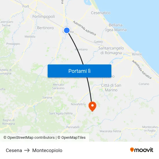 Cesena to Montecopiolo map
