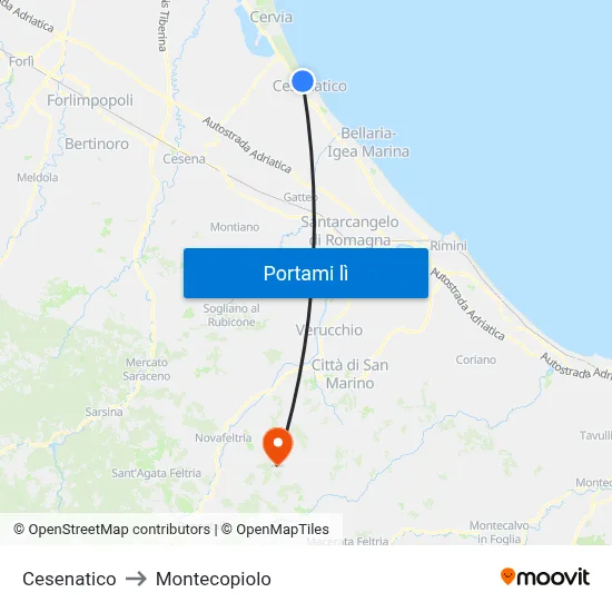 Cesenatico to Montecopiolo map