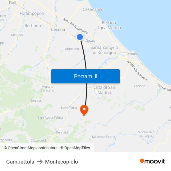 Gambettola to Montecopiolo map
