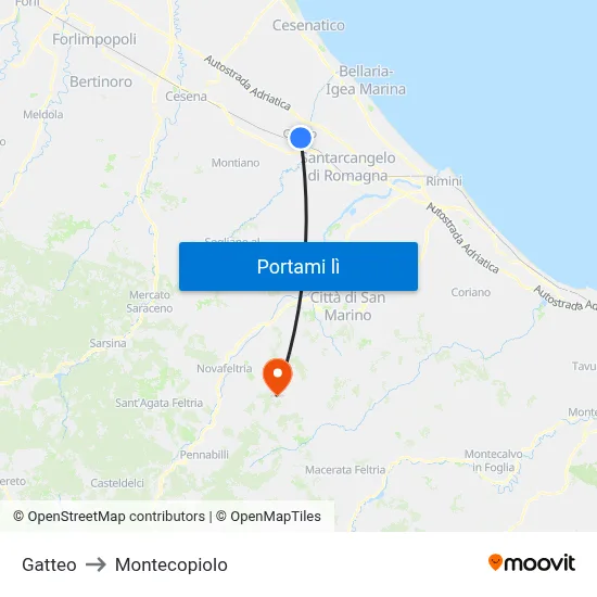 Gatteo to Montecopiolo map