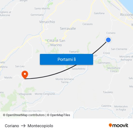 Coriano to Montecopiolo map