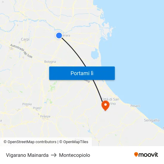 Vigarano Mainarda to Montecopiolo map