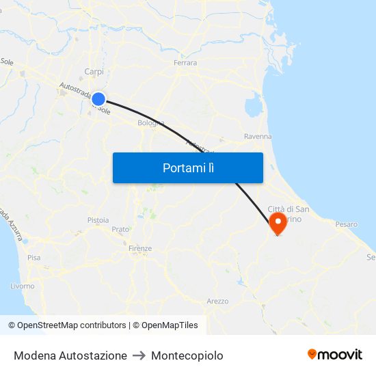 Modena Autostazione to Montecopiolo map