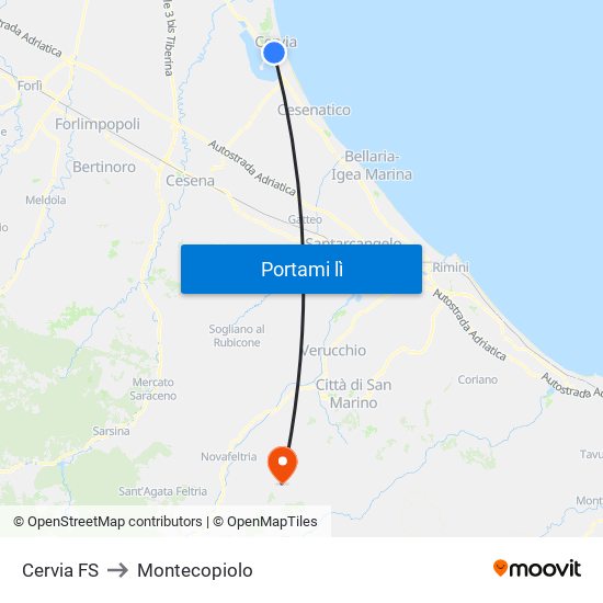 Cervia FS to Montecopiolo map