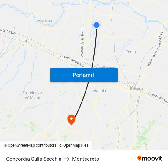 Concordia Sulla Secchia to Montecreto map