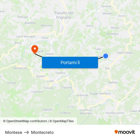 Montese to Montecreto map