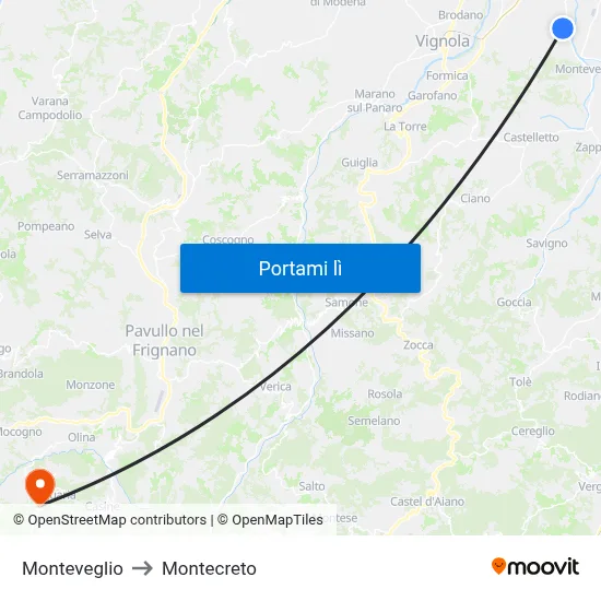 Monteveglio to Montecreto map